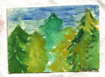 Lasy; by Paulina from Beskidy Pipsov; 1998; watercolor; 4.2 peep feet by 3 peep feet; on loan from Trunks
